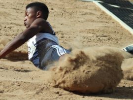 Phemelo Molale of Gimmies during the long jump event