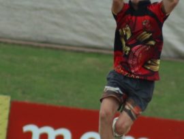 Tiaan Bezuidenhout of the Spartans steaming in to bowl in the C-final against Crease Monkeys in the 9T20 tournament at Senwes Park. Photo: Wouter Pienaar