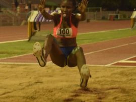 Tshegofatso Bojosi from Botswana gives her all in the women's long jump. Photo: Selogile Leshage