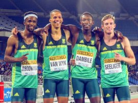 The NWU's Chederick van Wyk (second from left) and his teammates, Anaso Jobodwana, Sinesipho Dambile and Jon Seeliger, broke the African record in the heats at the 2019 IAAF World Relays. Van Wyk and company would eventually manage to take home silver for South Africa.
