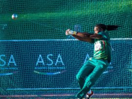 Tshepang Makhethe of ACNW became the SA hammer throw champion for the first time. Photo: Tobias Ginsberg.