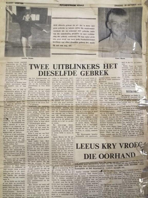 Die koerantberig wat in die Oktober 1974 uitgawe in die Herald oor Annelize as tiener gimnas, verskyn het.