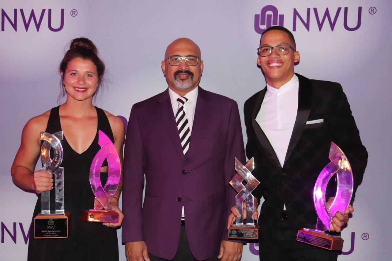 The NWU Sportswoman (Jo-Ané van Dyk) and Sportsman of the Year (Chederick van Wyk) together with prof. Daryl Balia.