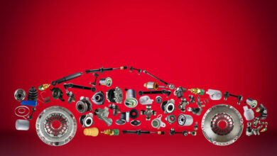 Passenger car assembled from new spare auto parts for shop aftermarket.