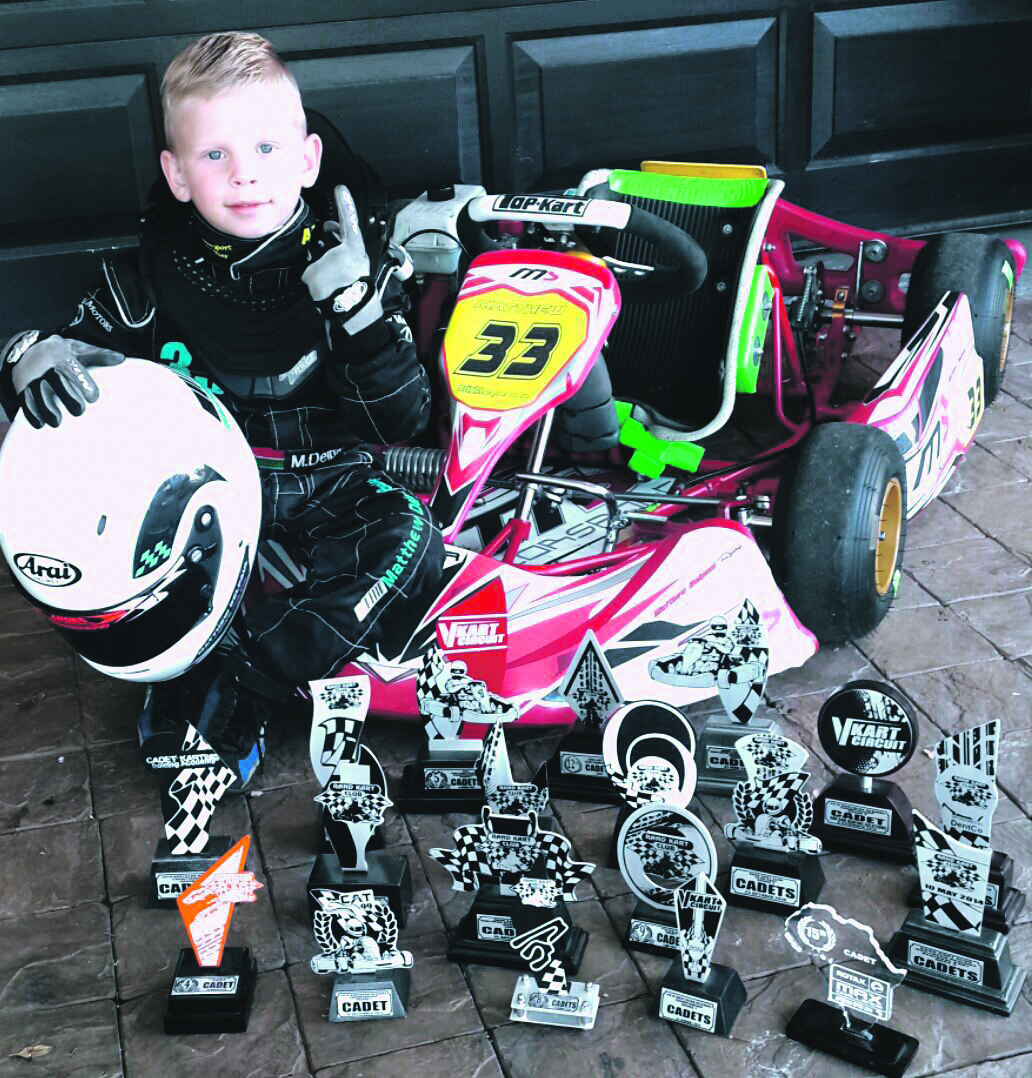 Matthew Delpaul shows off all his trophies. He is currently fifth on the ranking list in his class of the Northern Regions Karting Championship.