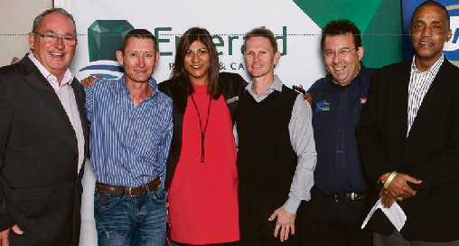 Pierre Strydom celebrated his 5 000th local horse racing win in style at Emerald Resort & Casino last week. Among those present were Martin Rice CEO Emerald Resort & Casino, Gunter Wrogeman (Jockey), Tanuja Gangabishun (marketing executive Emerald Resort & Casino), Pierre Strydom (Jockey), Nico Kritsiotis and Cecil Mthembu.