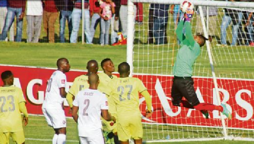 Jomo Cosmos goalkeeper makes a save during the game against Moroka Swallows in the PSL Promotion/Relegation match at Isak Steyl Stadium over the weekend. Photo: Zacharia Nale.