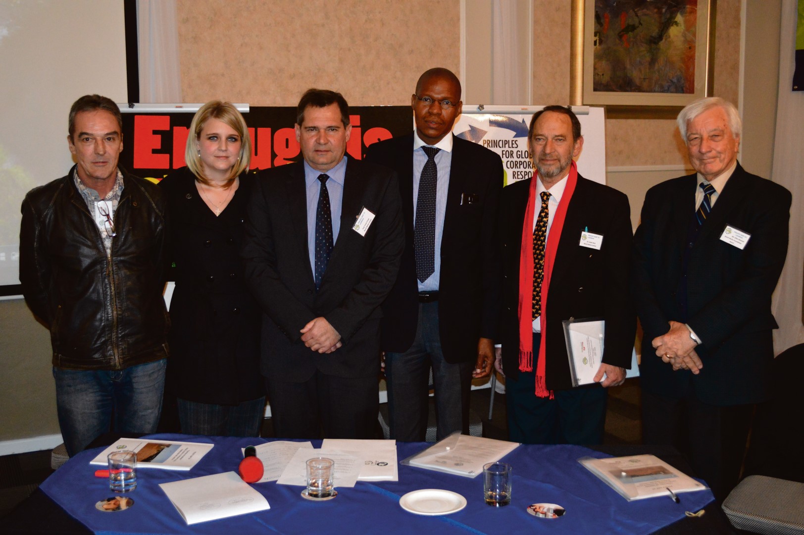 Mr John Capel (executive director of Bench Marks Foundation), Ms Suzanne Reyneke (researcher at the Bench Marks Centre for CSR), Prof. Freek Cronje (director of the Bench Marks Centre for CSR), Prof. Dan Kgwadi (vice-chancellor NWU), Prof. Eddie Bain (researcher at the Bench Marks Centre for CSR) and Mr Allan Wentzel (vice-chair of the Bench Marks Foundation board).