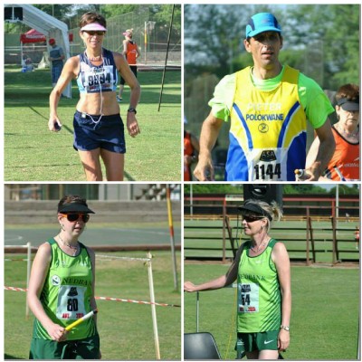 Hazel Moller en Pieter Pretorius (wenners in die individuele mans- en vroueafdeling in die Lite2Nite 12 ure wedloop). Onder links is Vannessa van Rensburg, wyle Hennie van Rensburg se dogter, en regs is sy weduwee, Magda van Rensburg, wat ook aan die wedloop deelgeneem het.