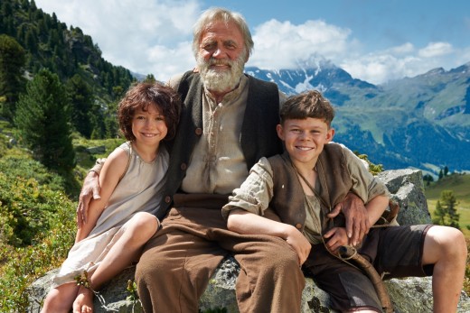 Am Set von HEIDI: Anuk Steffen (Heidi), Bruno Ganz (Almöhi) und Quirin Agrippi (Geissenpeter) - Foto: Walter Wehner