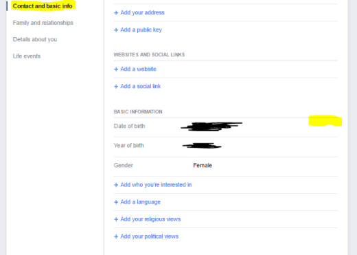 Gaan na die opsie 'Contact and basic info'. Beweeg die rekenaarmuis langs die kant waar jou verjaardag staan, click op edit en verander die opsie na 'Only me'. Onthou om die veranderinge te berg.