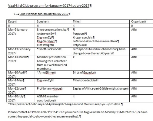 Bird Club program for the first few months of 2017