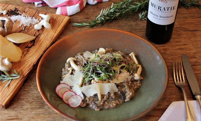 Muratie Alberta Annemarie Merlot paied with Mushroom Risotto landscape