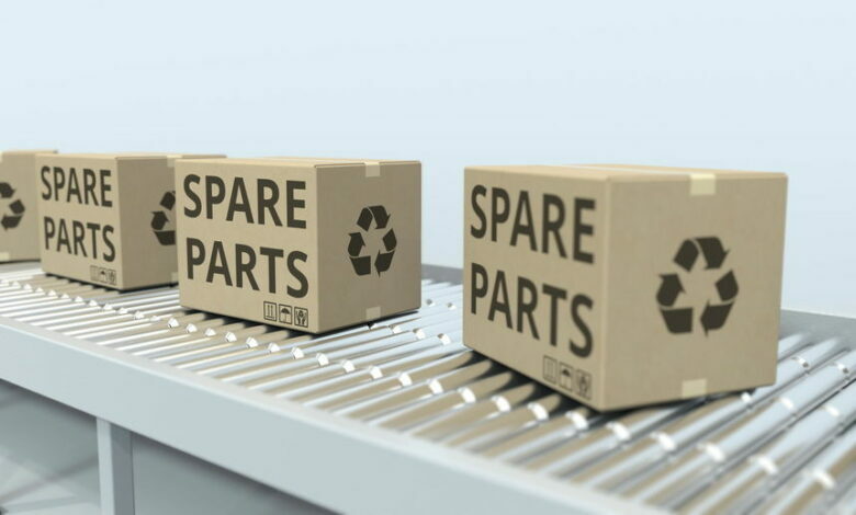 Cartons with spare parts on roller conveyor. 3D rendering