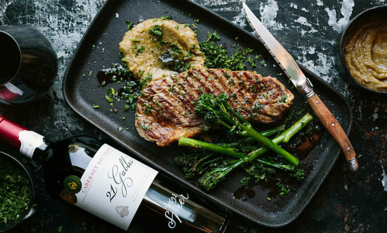 5 MARCH - SATURDAY ENTERTAIN - Grilled sirloin steak with roasted aubergine puree and gremolata