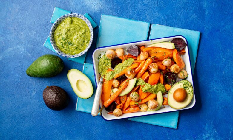 2 MAY - Meatless Monday - Honey roasted Autumn veggies with avocado dressing
