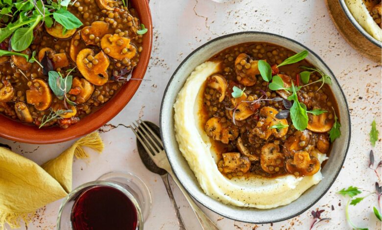 13 JUNE - MEATLESS MONDAY – Lentil and mushroom stew on butter bean mash