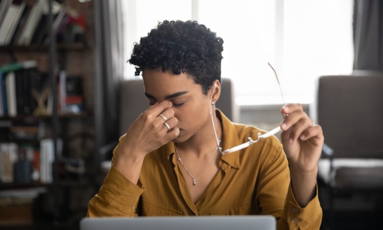 Tired,Young,African,Freelance,Employee,Tired,Of,Work,At,Laptop