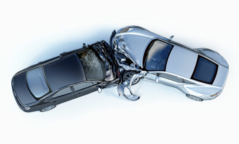 Two cars crashed in accident. Viewed from the top.