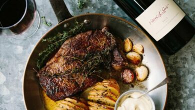 Butter-basted ribeye steak with potatoes and aioli