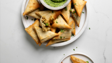 Chicken samosas with minty coriander chutney
