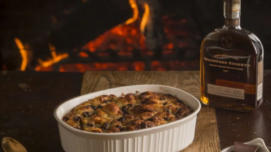 Chocolate bread pudding with Bourbon butter sauce