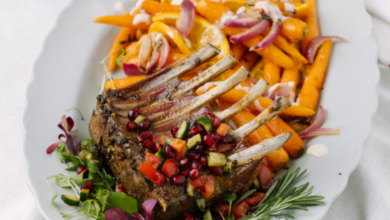 Rack of lamb with pomegranate salsa and citrus carrots
