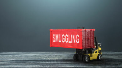 Forklift with smuggling of container. International trade smuggling. Illegal import of products, human trafficking, drug and weapon traffic. Transportation of prohibited goods. High corruption