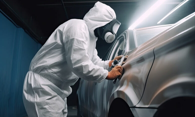 Car painter in protective clothes paints automobile with paint in chamber workshop. Generative AI