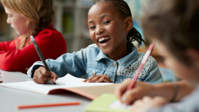 Children at modern school facility