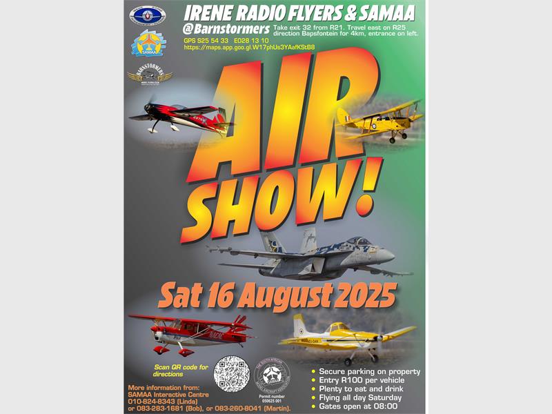 The Irene Radio Flyers and the South African Model Aircraft Association (SAMAA) are taking to the skies over Bapsfontein on August 16 with a spectacular air show.