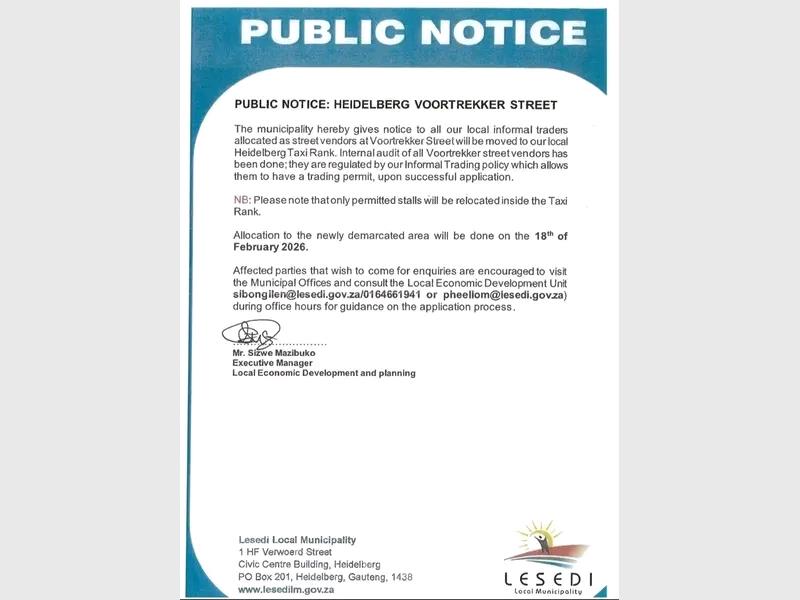 Informal traders operating on Voortrekker Street will be relocated to a newly demarcated trading area at the Heidelberg Taxi Rank, with only permitted vendors eligible for allocation.