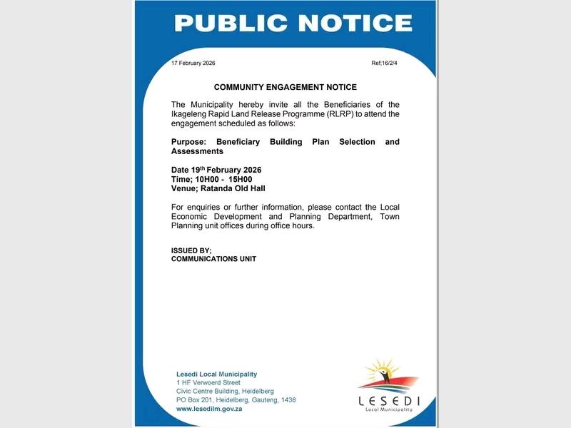 Beneficiaries of the Ikageleng Rapid Land Release Programme are invited to attend an information and assessment session on February 19 at Ratanda Old Hall to discuss building plan selection and project progress