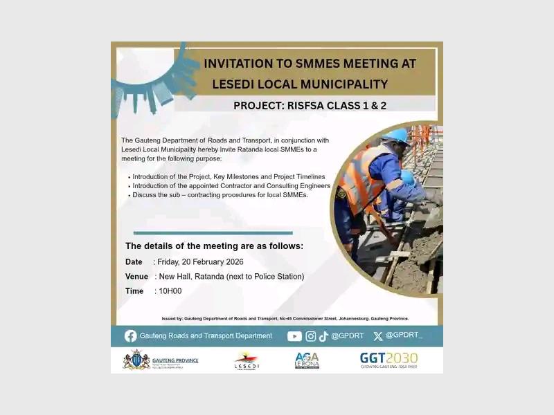 Small businesses in Ratanda are encouraged to attend an information session on the RISFSA class 1 and 2 road project, where officials will outline timelines, introduce contractors, and explain subcontracting opportunities for local enterprises.