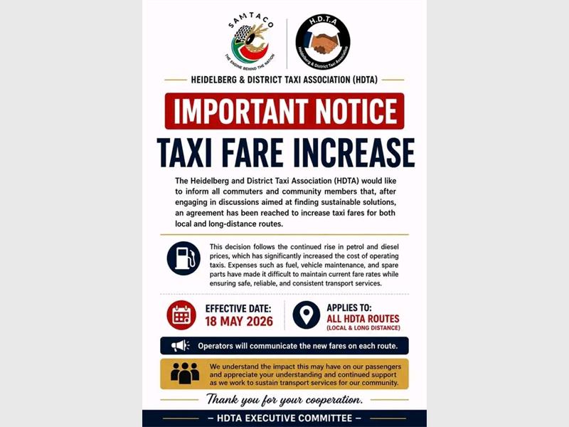 The Heidelberg and District Taxi Association has confirmed that taxi fares across all routes will increase from May 18 as operators battle rising fuel and maintenance costs.