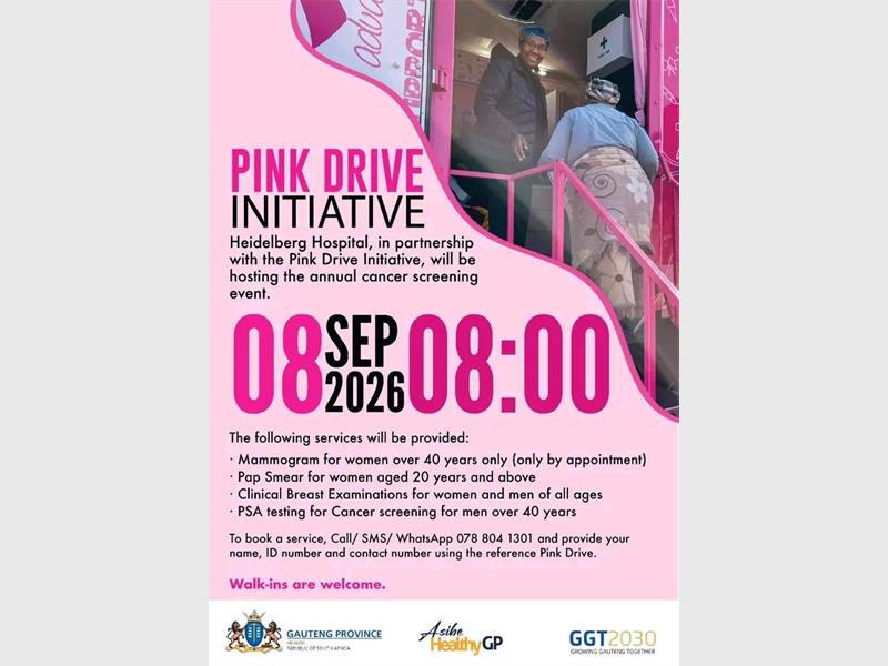 Heidelberg Hospital will host its annual Pink Drive cancer screening event on September 8, offering mammograms, Pap smears, clinical breast examinations and PSA testing to promote early detection and cancer awareness.