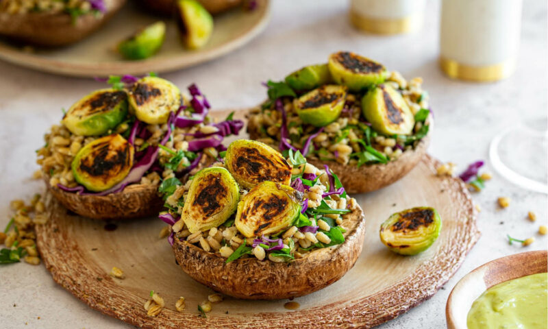 Brussel sprout stuffed portabellas with barley and lemon