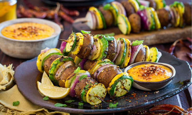 Curried mushroom and courgette kebabs