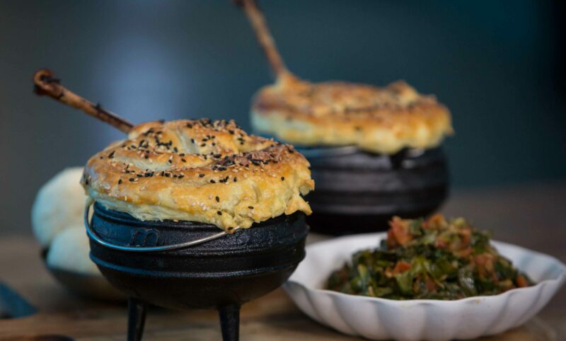 Hard body chicken potjie pie with dumplings and morogo