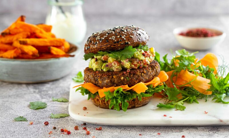 Lentil and mushroom burger with mushroom bun