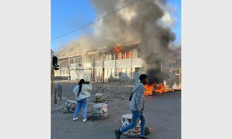A suspected arson attack left the second floor of the building housing Germiston’s Home Affairs office engulfed in flames.