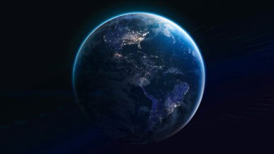 Earth planet at night into the dark. Cities light. Earth in deep space with stars. Planet sphere. Elements of this image furnished by NASA (url: https://eoimages.gsfc.nasa.gov/images/imagerecords/79000/79765/dnb_land_ocean_ice.2012.3600x1800.jpg. Photo: iStock