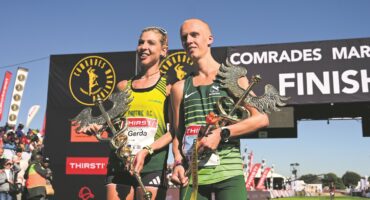 2024 Comrades Marathon champions Gerda Steyn (left) and Piet Wiersma in Pietermaritzburg on Sunday.