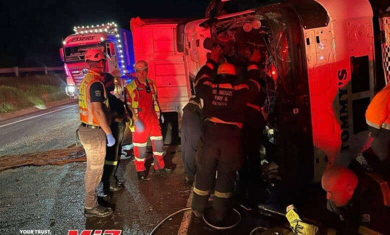 Mi7 National Groups along with other emergency services and the Msunduzi Fire Department attending to a collision between two trucks. Photo: Mi7 National Group Facebook