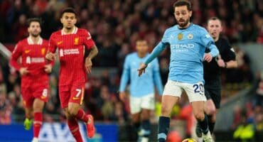 Manchester City's Bernardo Silva is in action during the Premier League match between Liverpool and Manchester City at Anfield in Liverpool, England, on December 1, 2024. (Photo by MI News/NurPhoto) (Photo by MI News / NurPhoto / NurPhoto via AFP)