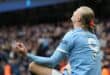 TOPSHOT - Manchester City's Norwegian striker #09 Erling Haaland celebrates after scoring their second goal during the English Premier League football match between Manchester City and Brentford at the Etihad Stadium in Manchester, north west England, on May 9, 2026. (Photo by Darren Staples / AFP)