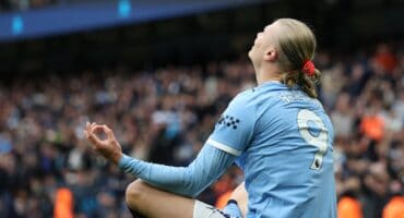 TOPSHOT - Manchester City's Norwegian striker #09 Erling Haaland celebrates after scoring their second goal during the English Premier League football match between Manchester City and Brentford at the Etihad Stadium in Manchester, north west England, on May 9, 2026. (Photo by Darren Staples / AFP)