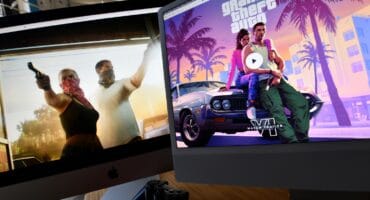 This illustration photo created in Los Angeles, California, on December 5, 2023, shows Rockstar Games’ Grand Theft Auto 6 trailer played on computer screens.