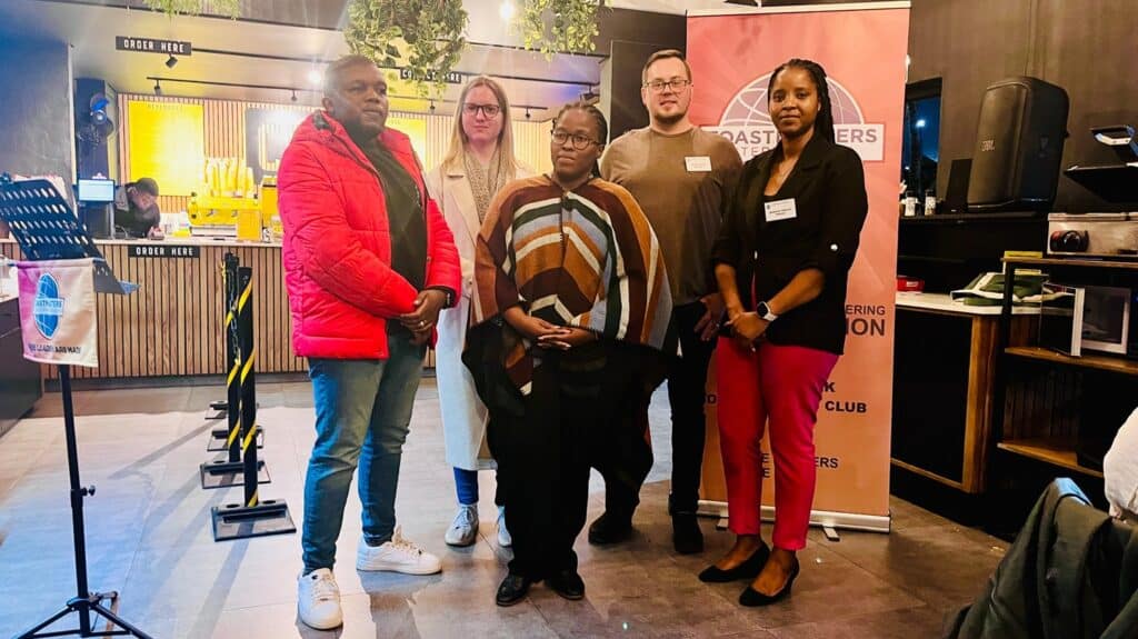 Installation of the Time To Talk Toastmasters Executive Committee present at the meeting. From left: presiden: Mengezi Khuzwayo; vice president of public relations Paige Lawrence; Vice-president of education Lindiwe Mthembu; sergeant at arms Gawie Venter and treasurer Bawinile Dlamini. Photo: Supplied