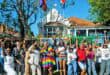 Members of the LGBTQI community, activists, allies, and supporters gather outside the Uthingo Network offices, in Scottsville, during a flag-raising ceremony hosted by eThekwini Pride in partnership with Uthingo Network. Photo: Moeketsi Mamane